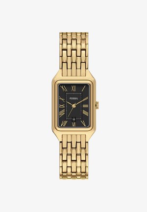 Relógio retangular em tom dourado com mostrador preto, números romanos e display de data. Apresenta uma bracelete de metal com textura para um ajuste seguro.