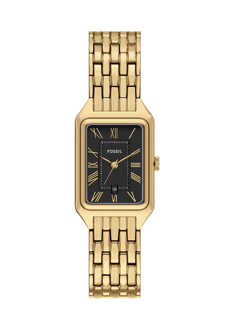 Montre rectangulaire à ton or avec un cadran noir, des chiffres romains et un affichage de la date. Dispose d'un bracelet en maillons métalliques texturés pour un maintien sécurisé.