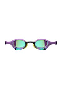 Gafas de natación moradas y negras con lentes espejados, que presentan una forma aerodinámica, acentos de dos colores y un logo en el lateral.