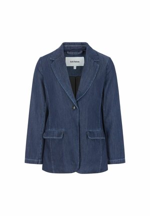 Dunkelblaue Denim-Blazer mit Reverskragen, einer Knopfschließung und zwei Fronttaschen. Verfügt über Nähtelemente und eine taillierte Passform.