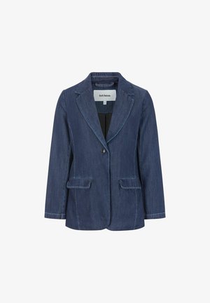 Tumed denim bleiser, millel on lõikega krae, ühe nupuga kinnitamine ja kaks eesmist taskut. Omabõmõnetäiendustega õmblusi ja säädetud lõiget.