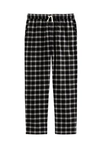 Black and white checkered pajama pants with an elastic waistband and drawstring. Smooth fabric texture, straight leg design, no pockets.