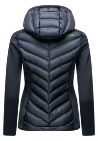Navy insulated jacket with a chevron quilted pattern and a hood. Features soft shell sleeves and a small green brand logo on the side.