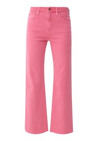 Jean en denim rose taille haute avec bouton et fermeture éclair à l'avant, deux poches avant et jambes larges droites.