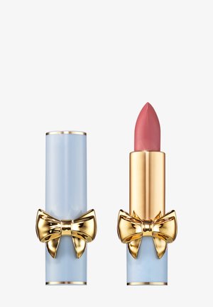 Lipstick with a light blue tube, gold accents, and a decorative bow. The lipstick is a soft pink color with a pointed tip.