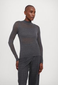 Grå långärmad topp med hög halsringning, tillverkad av genomskinligt material, med horisontella ränder. Kombinerad med grå strukturerade byxor.