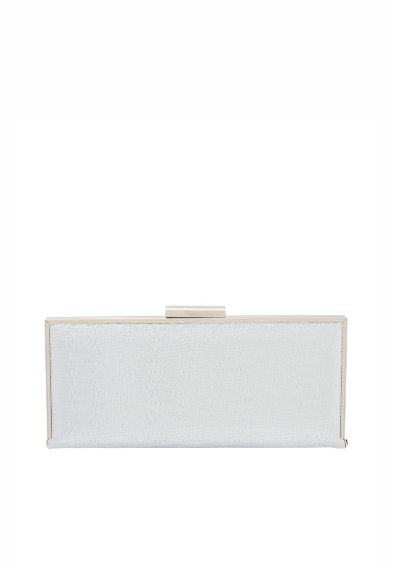 Fehér téglalap alakú clutch, texturált felülettel, aranyszínű fém kerettel és csattal. Egyszerű dizájn, látható minták vagy díszítések nélkül.