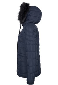 Námořnická prošívaná bunda s odepínací kapucí s umělým kožíškem, prošívanou látkou, žebrovanými manžetami a několika kapsami pro praktičnost.