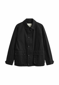 Schwarze Jacke mit Knopfleiste, Klappentaschen, verstellbaren Armbändern und klassischem Kragen, vor weißem Hintergrund präsentiert.