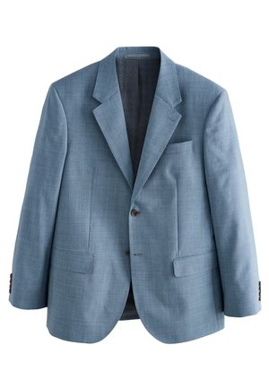 Blazer bleu clair à simple boutonnage avec revers crantés, deux poches à rabat devant, une poche poitrine et deux boutons sur le devant et aux poignets des manches.