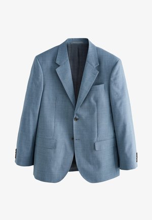 Blazer bleu clair à simple boutonnage avec revers crantés, deux poches à rabat devant, une poche poitrine et deux boutons sur le devant et aux poignets des manches.