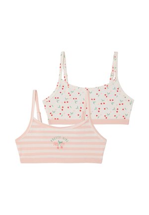 Two girls' crop tops with thin straps; one has pink and cream stripes with "Pretty Girl Fruity" and cherries text, the other is cream with red cherry print.