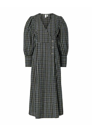 Robe longue à carreaux avec des manches bouffantes, décolleté en V, trois boutons à l'avant et une taille cintrée dans des tons noir, gris et bleu.