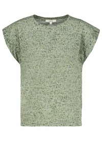 Jasnozielony top z krótkim rękawem, z teksturowanym wzorem, okrągłym dekoltem i luźnym krojem, wykonany z lekkiego materiału.