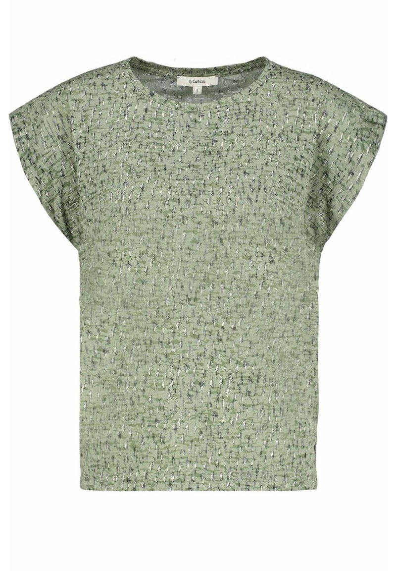 Jasnozielony top z krótkim rękawem, z teksturowanym wzorem, okrągłym dekoltem i luźnym krojem, wykonany z lekkiego materiału.