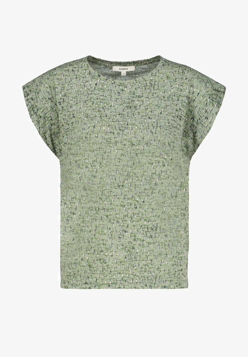 Jasnozielony top z krótkim rękawem, z teksturowanym wzorem, okrągłym dekoltem i luźnym krojem, wykonany z lekkiego materiału.