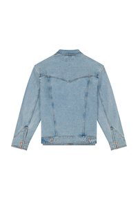 Ανοιχτό μπλε denim μπουφάν που παρουσιάζεται από πίσω, με μακριά μανίκια, μανσέτες με κουμπιά και διακοσμητική ραφή στον επόμενο χώρο των ώμων.