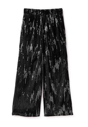 Black, velvet wide-leg pants with an elastic waistband, featuring a sequin pattern that creates diagonal lines across the fabric.