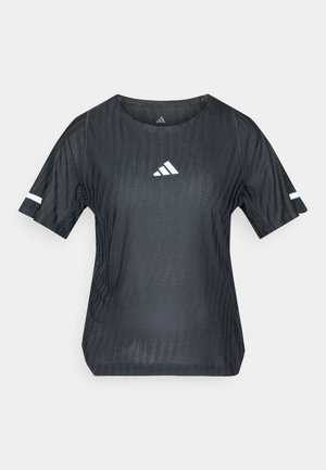 Sort atletik t-shirt med korte ærmer, med et tekstureret mønster og hvide detaljer. Adidas-logoet er vist på fronten.