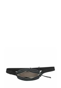 Marsupio in tessuto nero con una texture liscia, forma ovale e una zip argentata. L'interno è beige e presenta un'unica tasca principale.