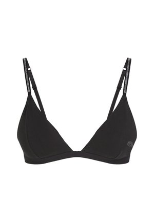 Black triangle bra made of smooth fabric with adjustable straps. Features subtle logo on the side and minimalistic design.
