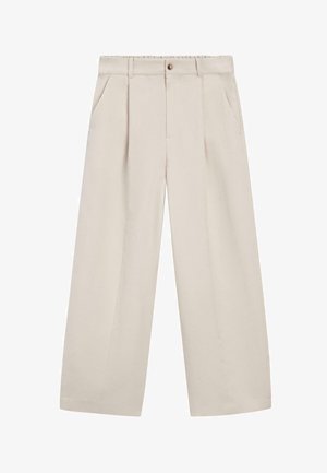 Beige bukser med vide ben, forstærket med forstykker foran, sidelommer, bæltestropper og knaplukning ved taljen.
