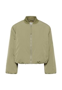 Olivno zelena skrajšana bomber jakna z mehkimi materiali, rebrastim ovratnikom in sprednjim zadrgo ter dvema stranskima žepoma.
