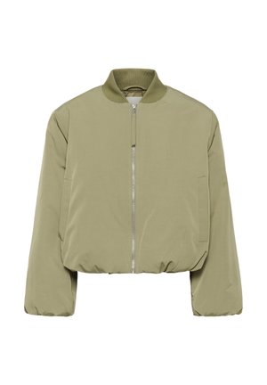 Olive krāsas īsas bomber jakas ar mīkstu tekstūru, ribotu apkakli un priekšējo rāvējslēdzēju, kā arī divām sānu kabatām.