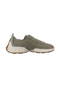 Zapatilla gris con un upper de ante texturizado, detalles perforados, cordones grises y una suela intermedia blanca con una suela de goma natural.