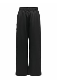 Pantalones de pierna ancha negros con cintura elástica, fabricados en tejido liso, con franjas laterales y un diseño de corte relajado.