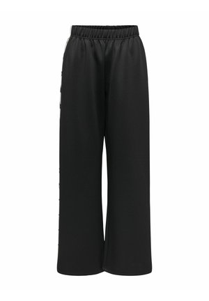 Black wide-leg trousers with an elastic waistband, made of smooth fabric, featuring side stripes and a relaxed fit design.