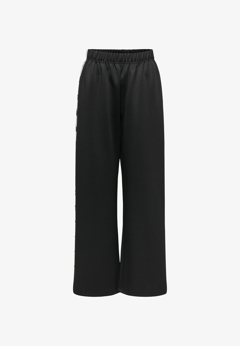 Pantalons larges noirs avec une taille élastique, fabriqués en tissu lisse, dotés de rayures latérales et d'un design décontracté.