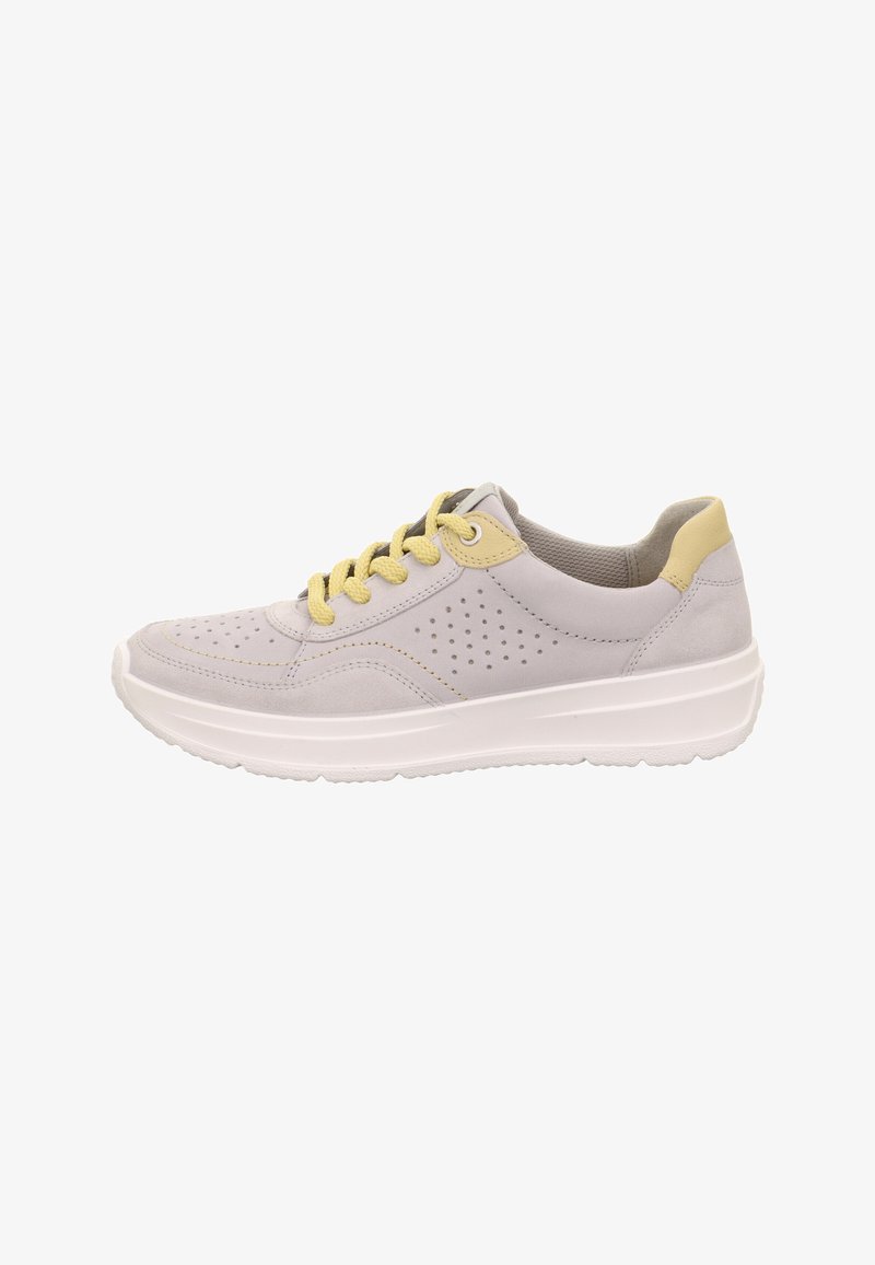 Light grey suede sneaker with yellow laces and accents. Features perforated design on sides and a white rubber sole. Rounded toe shape.