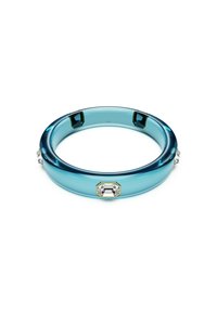 A sleek, blue bangle with diamond-like embellishments on multiple sides, set against a white background.