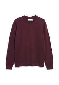 Bordeauxfarbene Crewneck-Sweatshirt aus weichem Stoff, mit gerippten Bündchen und Saum, sowie einem kleinen Logodetail auf der Brust.