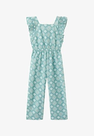 Svetlo modra kombinezon s belim vzorcem diamantov in cvetja, nagubani naramnicami, elastičnim pasom in širokimi hlačnicami.