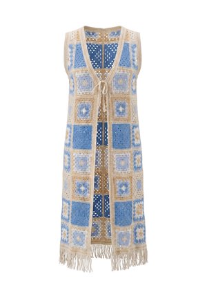 Ärmellose gehäkelte Weste mit Bindeband vorne, mit quadratischen Patches in Blau, Beige und Weiß und einem Fransenabschluss für einen Boho-Stil.