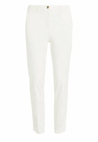 Pantaloni bianchi slim-fit in cotone, con chiusura frontale a bottone, passanti per cintura e una texture liscia senza motivi visibili.