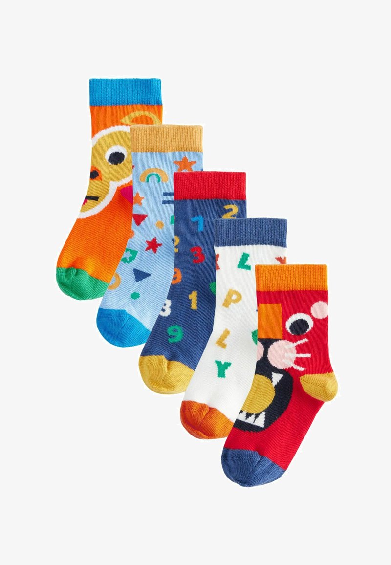 Set of five colorful cotton socks featuring playful designs: animal faces, numbers, shapes, and bright accents. Various colors include orange, blue, and red.