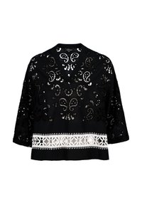 Black top featuring a v-neck, intricate cut-out patterns, and short sleeves, accented with a white lace trim at the hem.