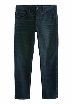 Jeans de mezclilla de un azul oscuro con un diseño clásico de pierna recta. Presenta cinco bolsillos, cierre frontal con botón y un desgaste sutil.