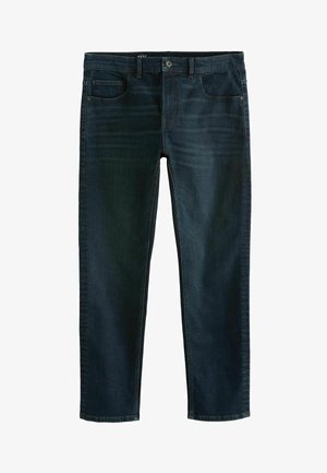 Dunkelblaue Jeans aus Denim mit klassischem, geradem Schnitt. Verfügt über fünf Taschen, vorn mit Knopfverschluss und subtilen Verwaschungen.