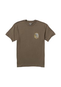 Olive green cotton t-shirt with short sleeves. Features a small, multicolored logo print on the left chest area. Classic crew neck design.