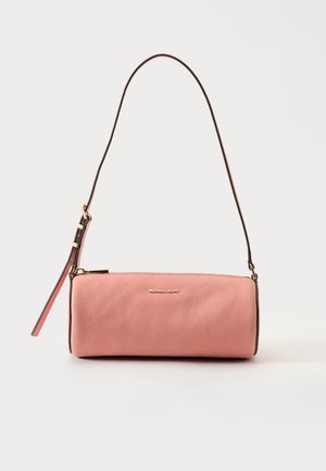 Pink textured leather shoulder bag with gold zipper and adjustable strap, featuring small gold "Michael Kors" logo on front.