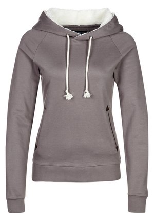Sweat à capuche gris à manches longues avec cordons blancs et une capuche doublée en polaire blanche, avec poches avant et poignets et ourlet côtelés.