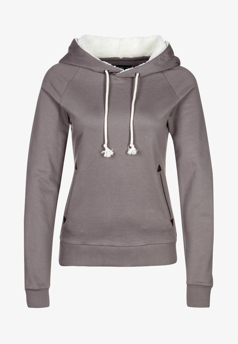 Sweat à capuche gris à manches longues avec cordons blancs et une capuche doublée en polaire blanche, avec poches avant et poignets et ourlet côtelés.