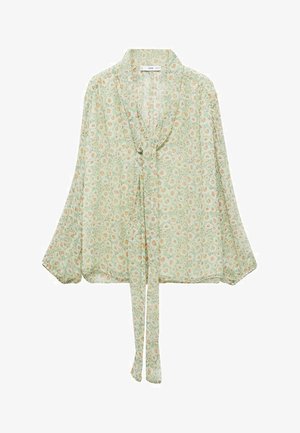Bluză verde deschis cu un model floral, având mâneci lungi, tip clopot, închidere cu funda în față și o textură moale, transparentă.