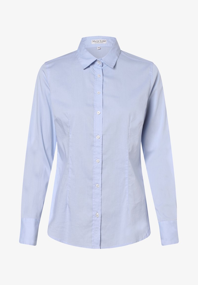 Light blue cotton long-sleeve shirt with a collar, front button closure, and a tailored fit. Smooth texture, no patterns or embellishments.