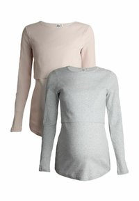 Kaks pikka varrukat rasedusbluuside: üks pehmes roosa ja teine helesinises, mõlemal ribakontuur ja kõverikud.