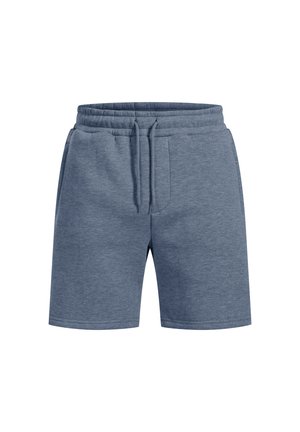 Pantalones cortos de mezcla de algodón en color azul con cinturilla elástica, detalle de cordón y bolsillos laterales. Textura suave, diseño hasta la rodilla.